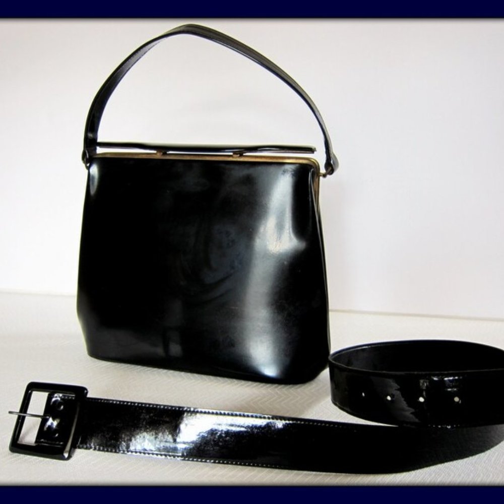 Vintage 1950's Black Patent Leather Bag & Matching Belt